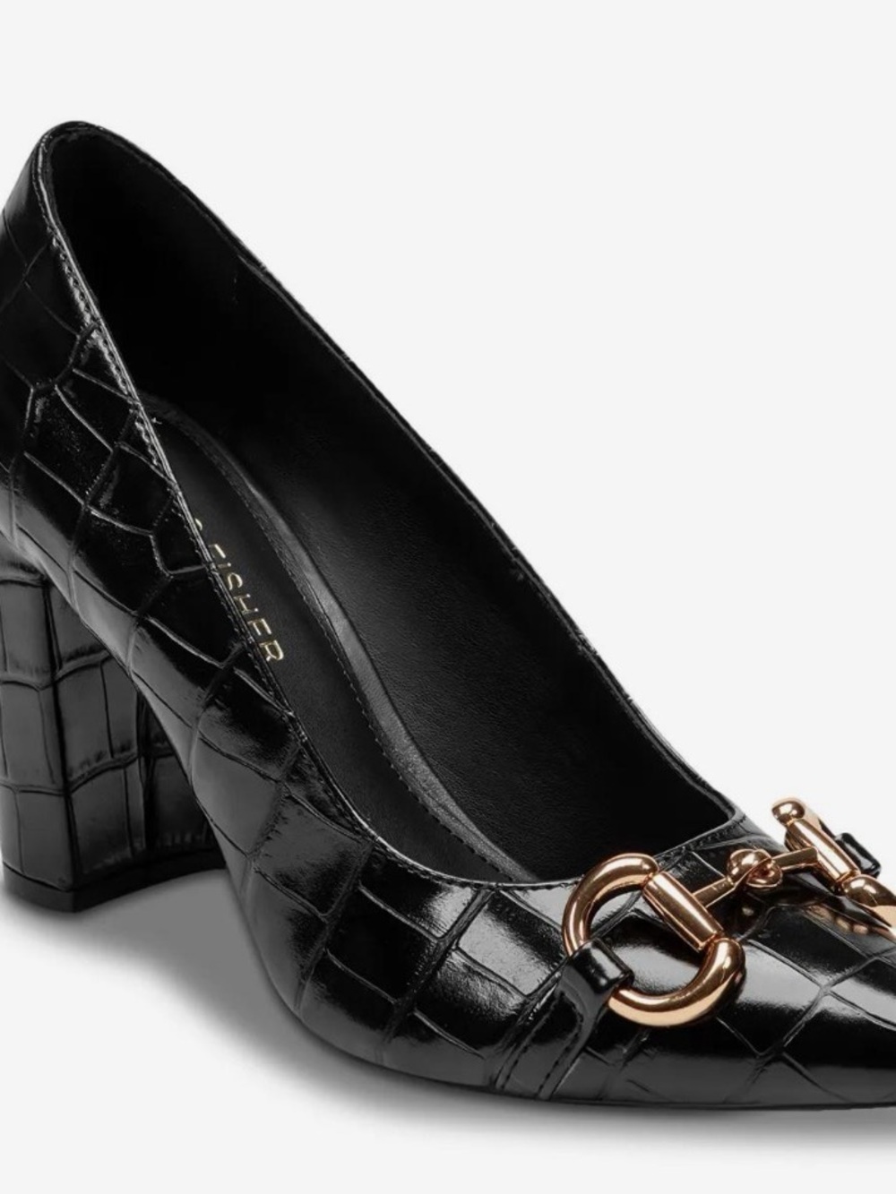 Marc Fisher Gruff Black Croc-Embossed Block Heel Pumps with Gold Bit Accent